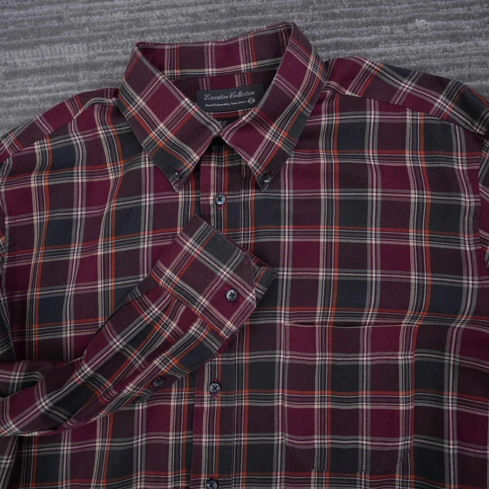 Tom James Shirt Men Button Down Plaid Red Executive USA‎ Made Long Sleeve 2XL